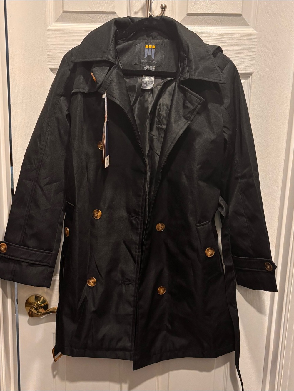 Women's M Black Hooded Belted Trench Raincoat Coat detachable hood NWT